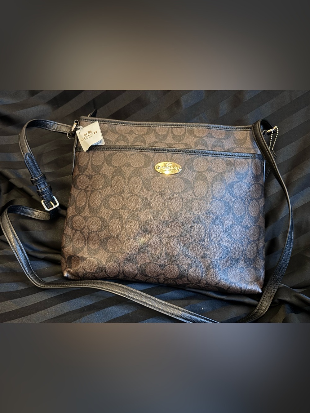 Coach Signature Print Brown/Black Crossbody File Bag Black Strap NWT F34938